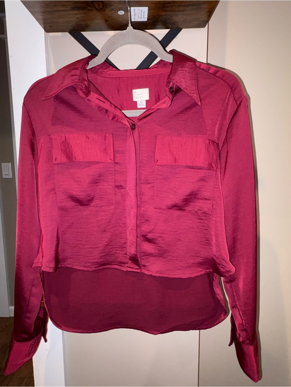 a new day Satin-Look Button-Down Blouse in Berry Red